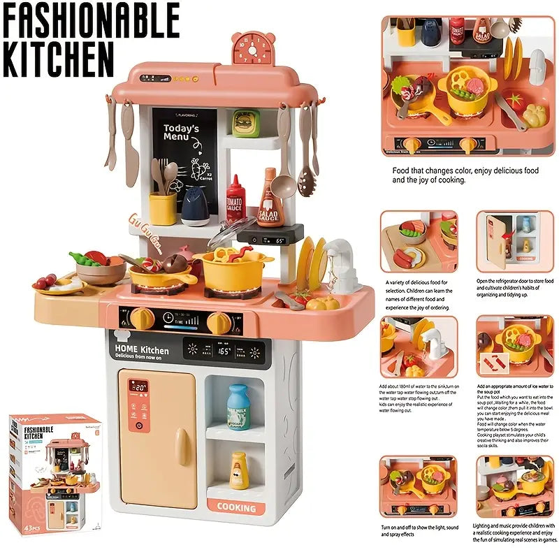 Spray Kitchen Play Set 52 Pcs – Kids Pretend Cooking Kitchen with Lights & Sounds