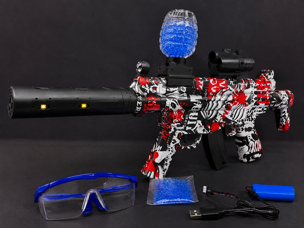 MP5 Electric Gel Blaster Toy Gun with Smoke & LED Silencer – Rechargeable Water Bead Blaster for Kids