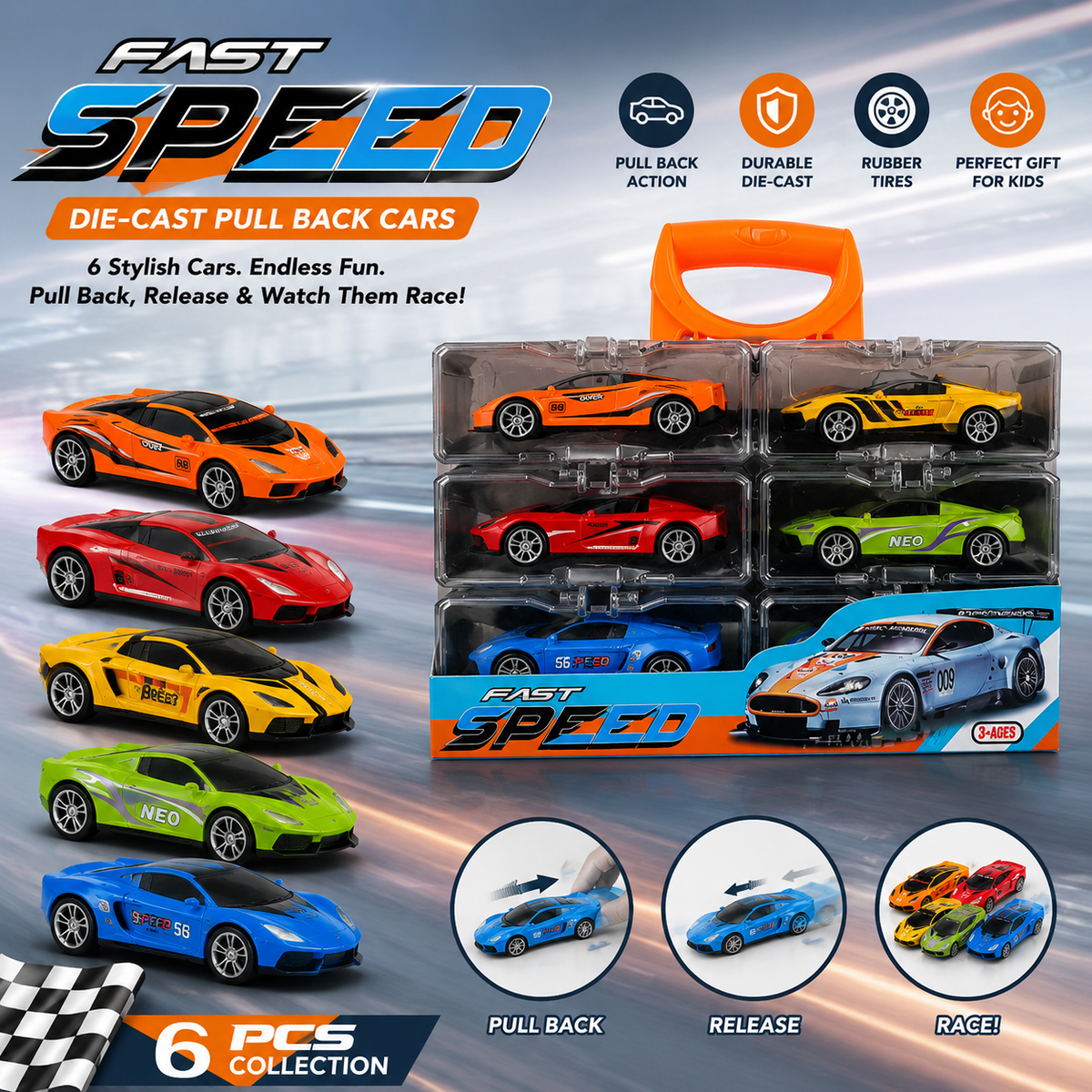 Fast Speed 6PCS Die-Cast Pull Back Car Set – Mini Metal Racing Cars for Kids