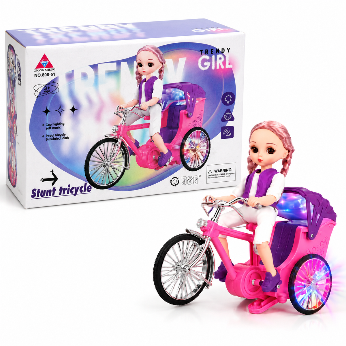 Trendy Girl Stunt Tricycle Toy with Doll – Cool LED Lights & Music