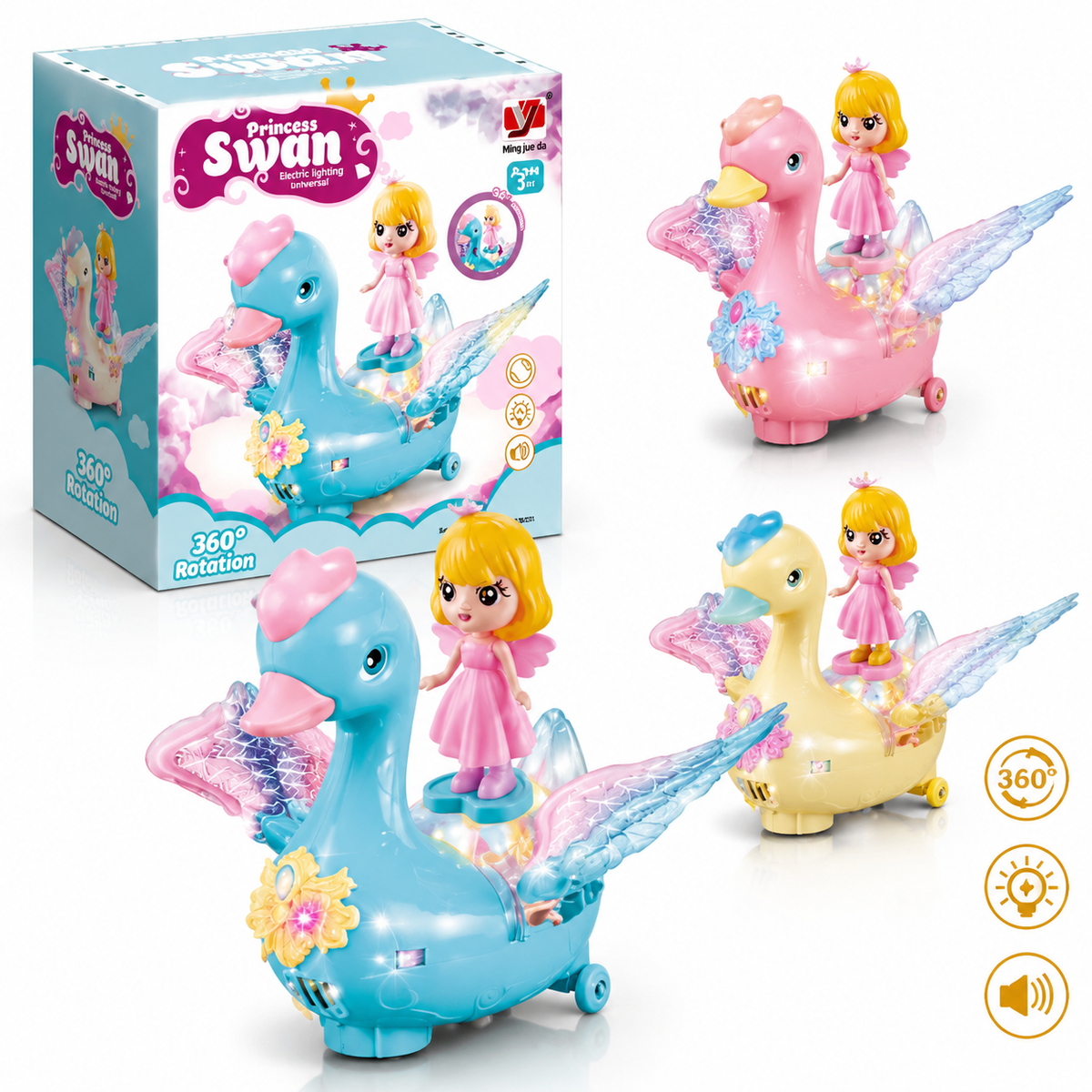 Princess Swan 360° Rotation Ride-On Toy – LED Lights & Music