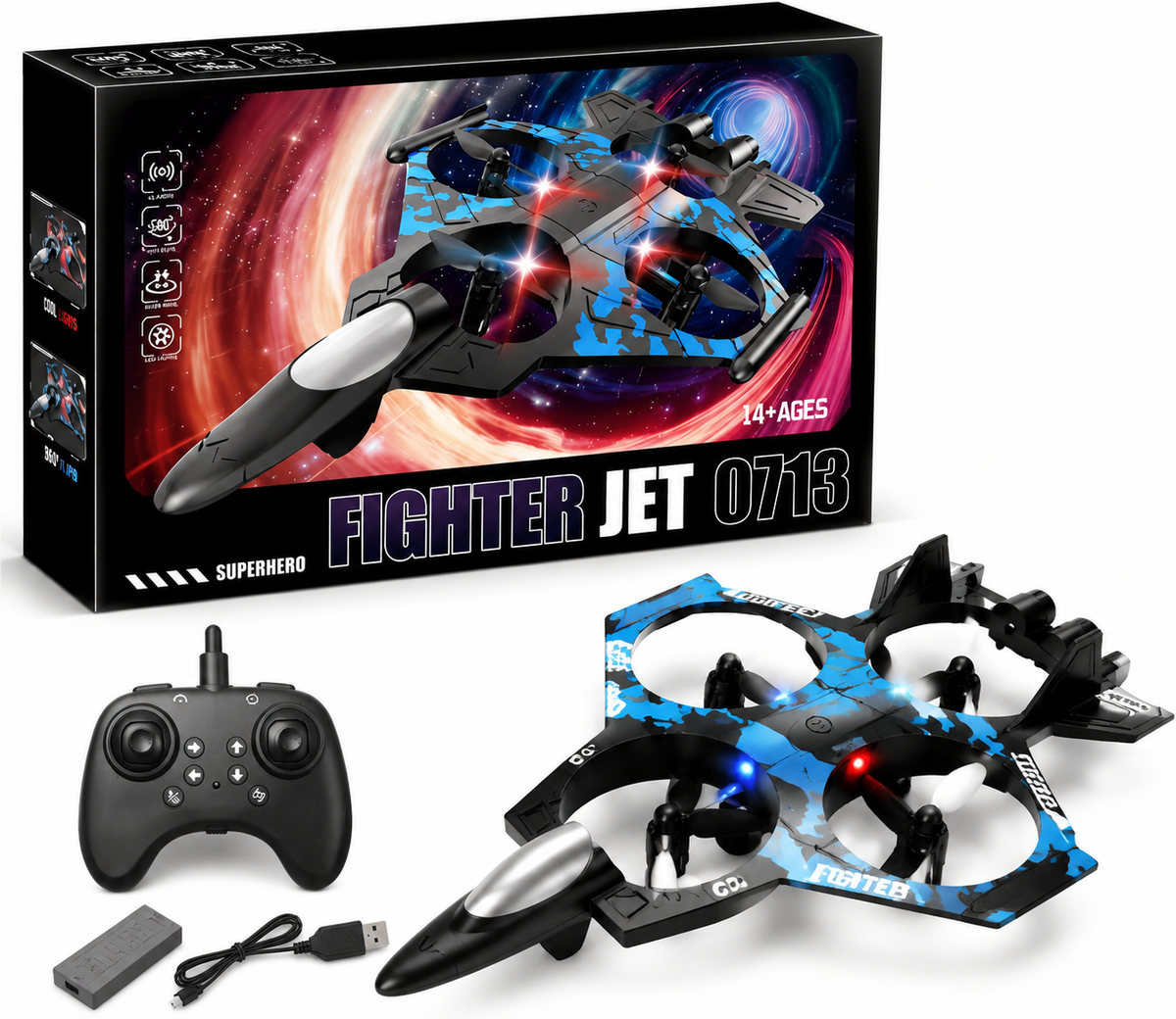 Fighter Jet 0713 RC Drone – 2.4GHz Stunt Quadcopter with LED Lights & Remote Control