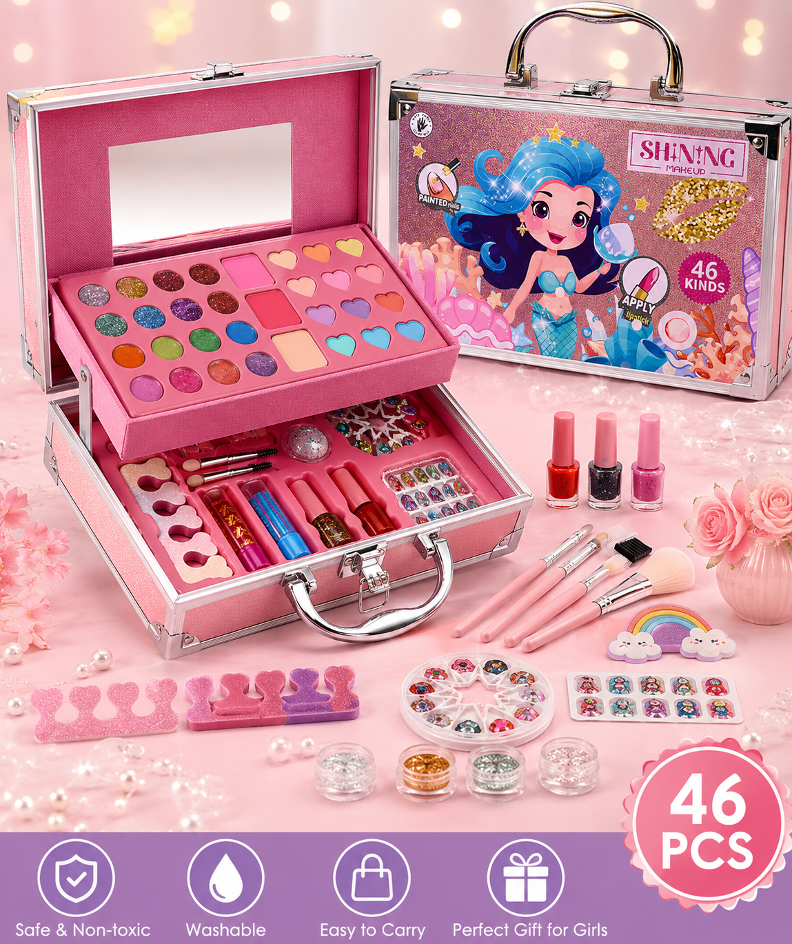 Kids Makeup Set for Girls – 46 Pcs Pretend Play Makeup Kit with Carry Case