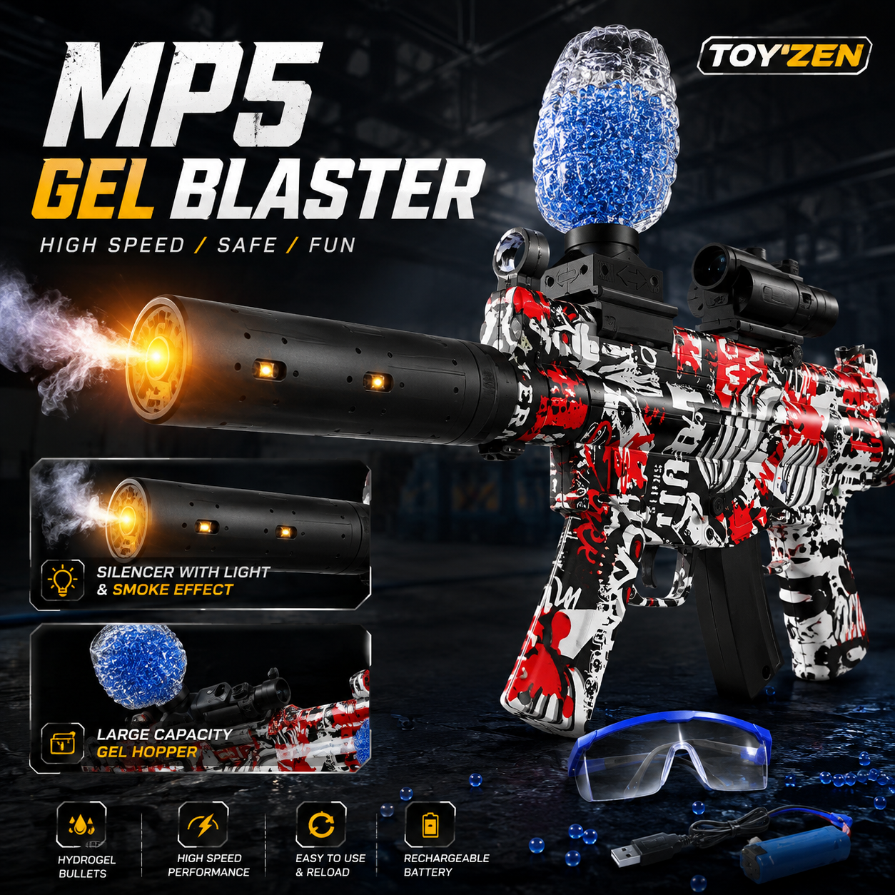 MP5 Electric Gel Blaster Toy Gun with Smoke & LED Silencer – Rechargeable Water Bead Blaster for Kids