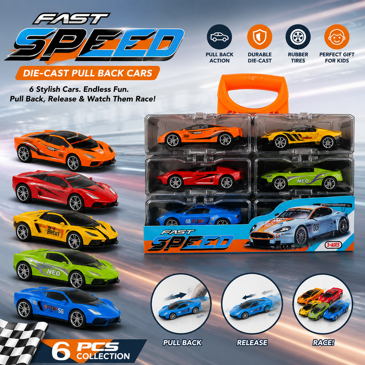 Fast Speed 6PCS Die-Cast Pull Back Car Set – Mini Metal Racing Cars for Kids