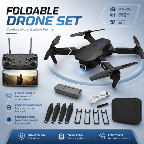 E88 Pro Foldable Drone Set with HD Camera – Remote Control Portable Drone