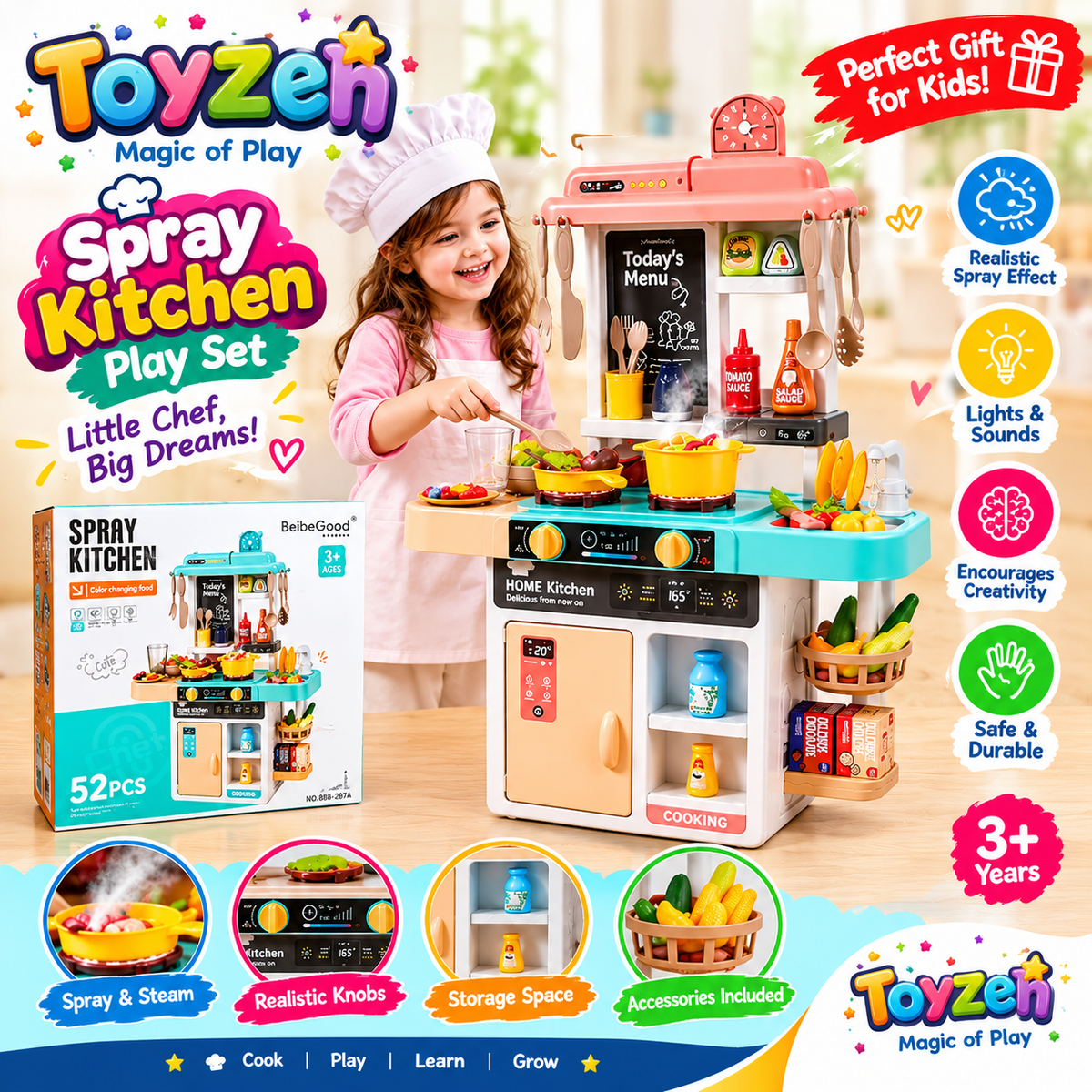 Spray Kitchen Play Set 52 Pcs – Kids Pretend Cooking Kitchen with Lights & Sounds