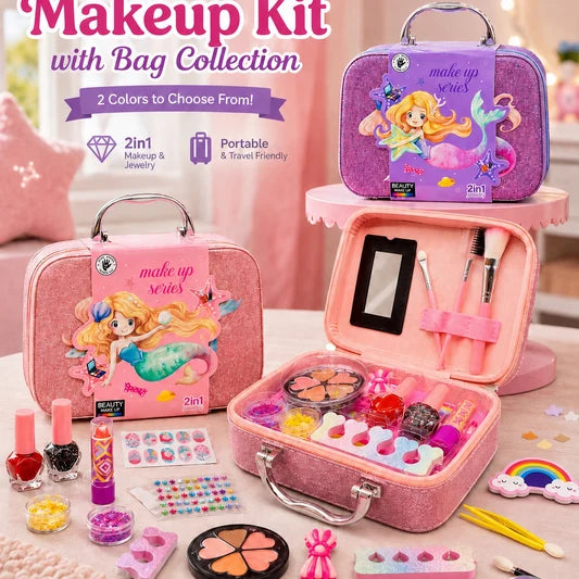 Makeup Kit for Kids with Carrying Bag – 2-in-1 Pretend Makeup & Jewelry Set