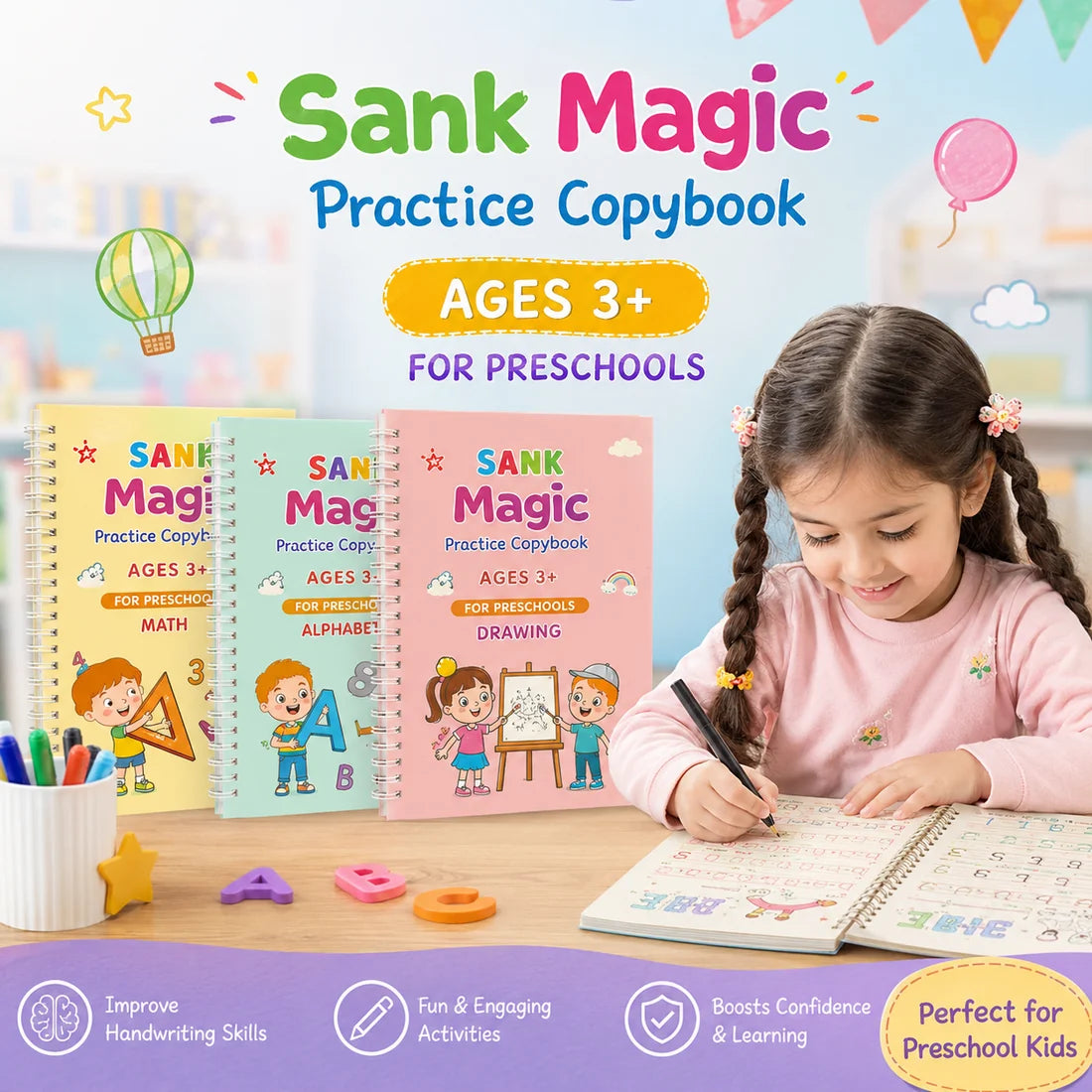 Magic Practice Copybook Set of 4 – Reusable Writing & Learning Books for Kids Ages 3+