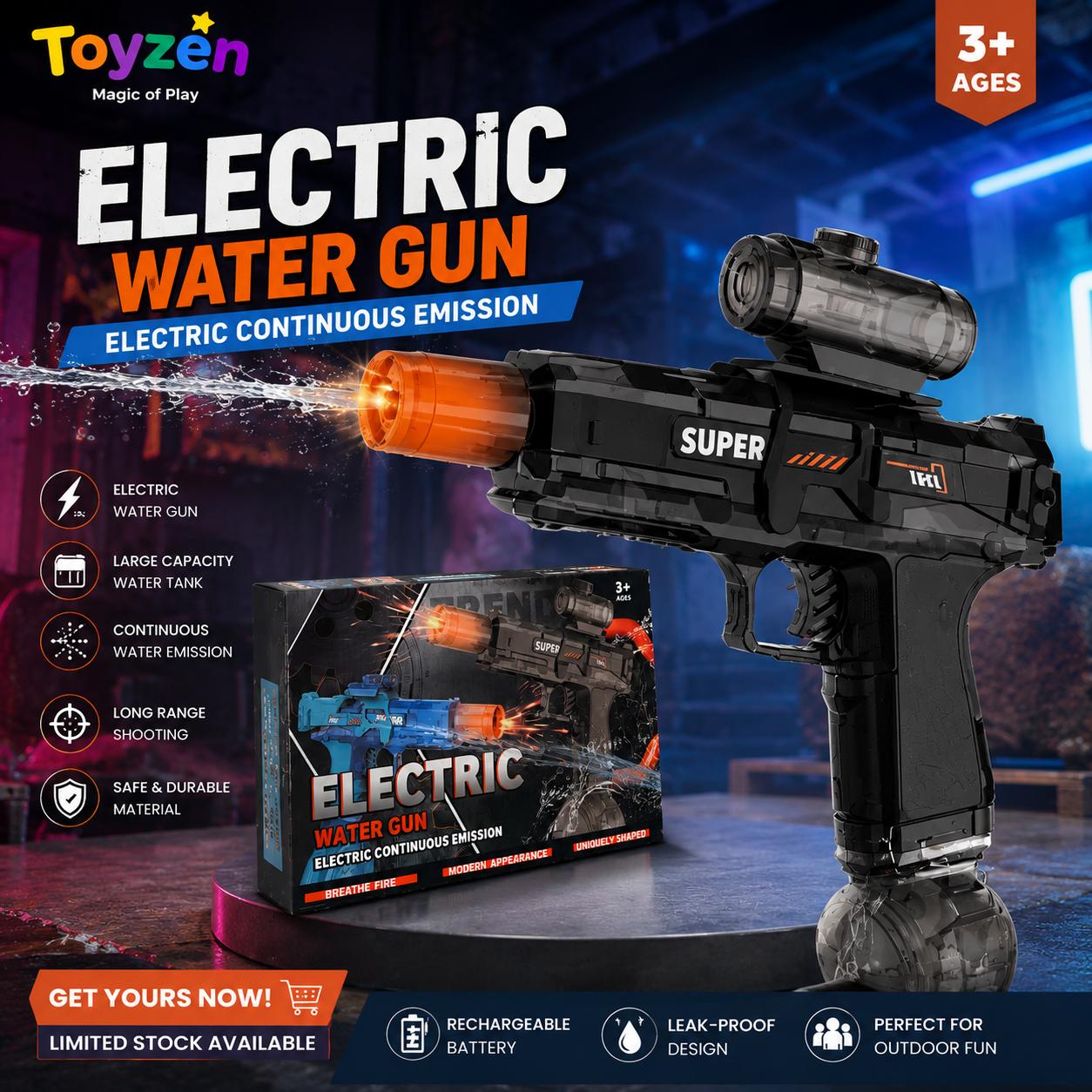 Electric Water GunToy with LED Flame Effect – Rechargeable Shark MK Water Blaster