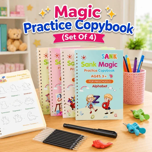 Magic Practice Copybook Set of 4 – Reusable Writing & Learning Books for Kids Ages 3+
